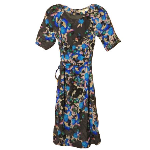 LK Bennett Silk Midi Dress Coquette Floral Short Sleeve Tie Waist Womens 2 NWT - Picture 1 of 11
